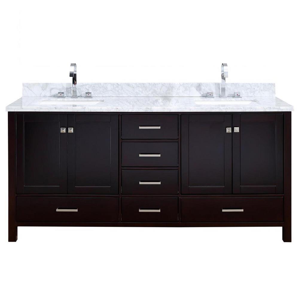 Ariel Double Sink Dark Brown Vanities With Tops Bathroom Bath Vanity In Espresso With Marble Top White
