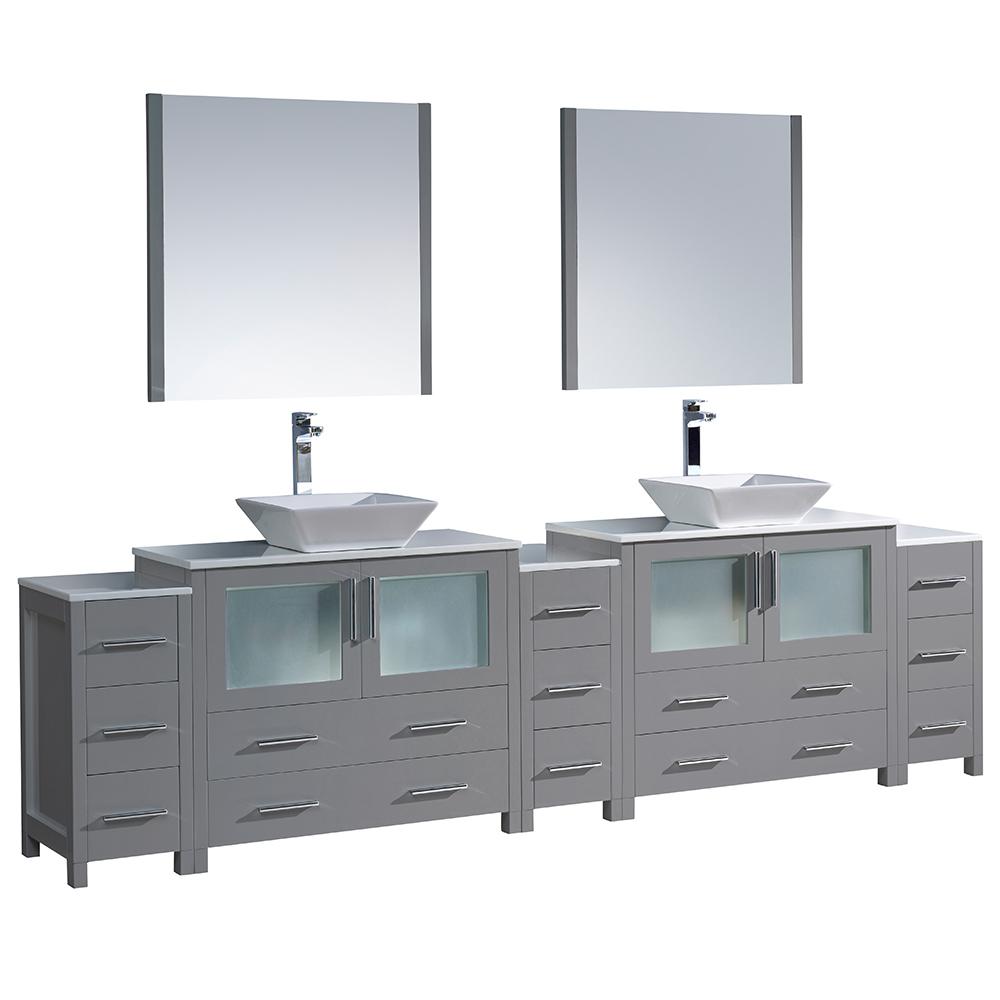 Fresca Torino 108 In W Double Bath Vanity In Gray With Glass Stone Vanity Top In White With White Vessel Sinks And Mirrors