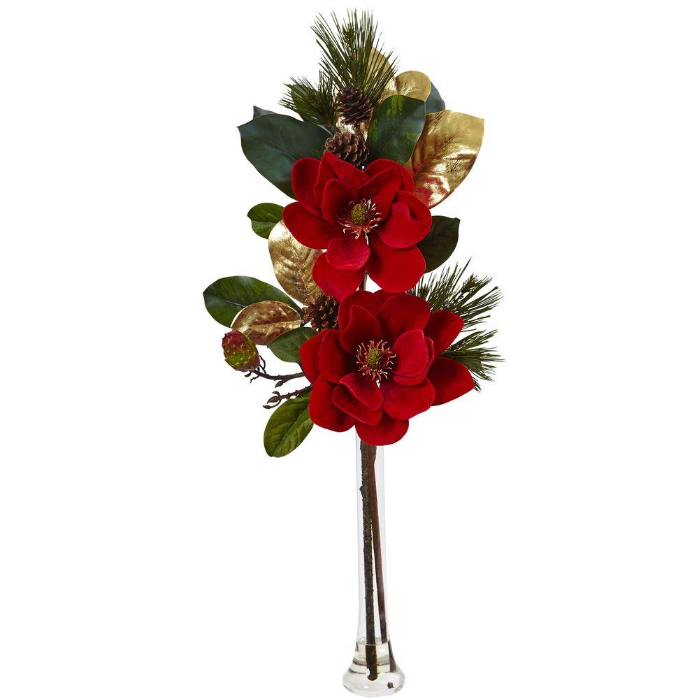 Nearly Natural 34 in. Holiday Magnolia Arrangement1417 The Home Depot