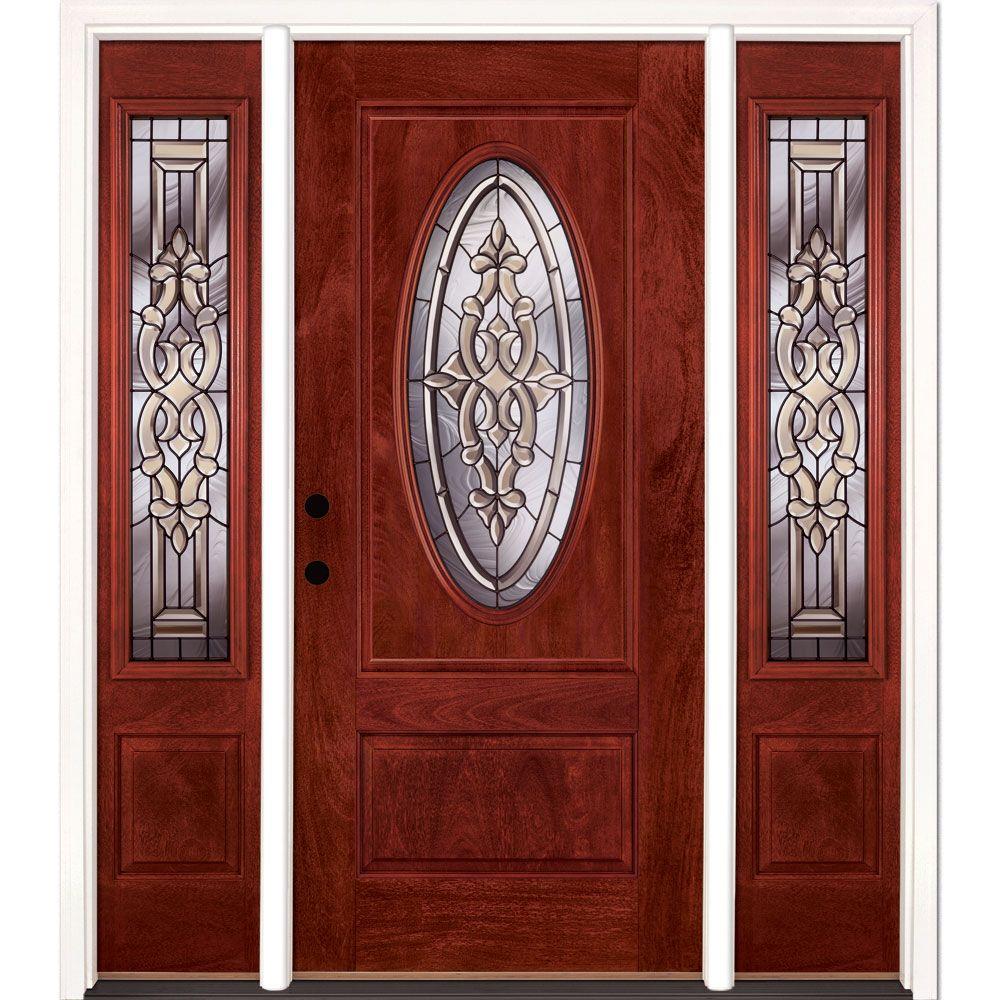 Feather River Doors 67 5 In X81 625in Silverdale Patina 3 4 Oval Lt Silverdale Patina 3 4 Oval Lt Stained Cherry Gany Rt Hd Fiberglass Prehung Front Door W Sidelites