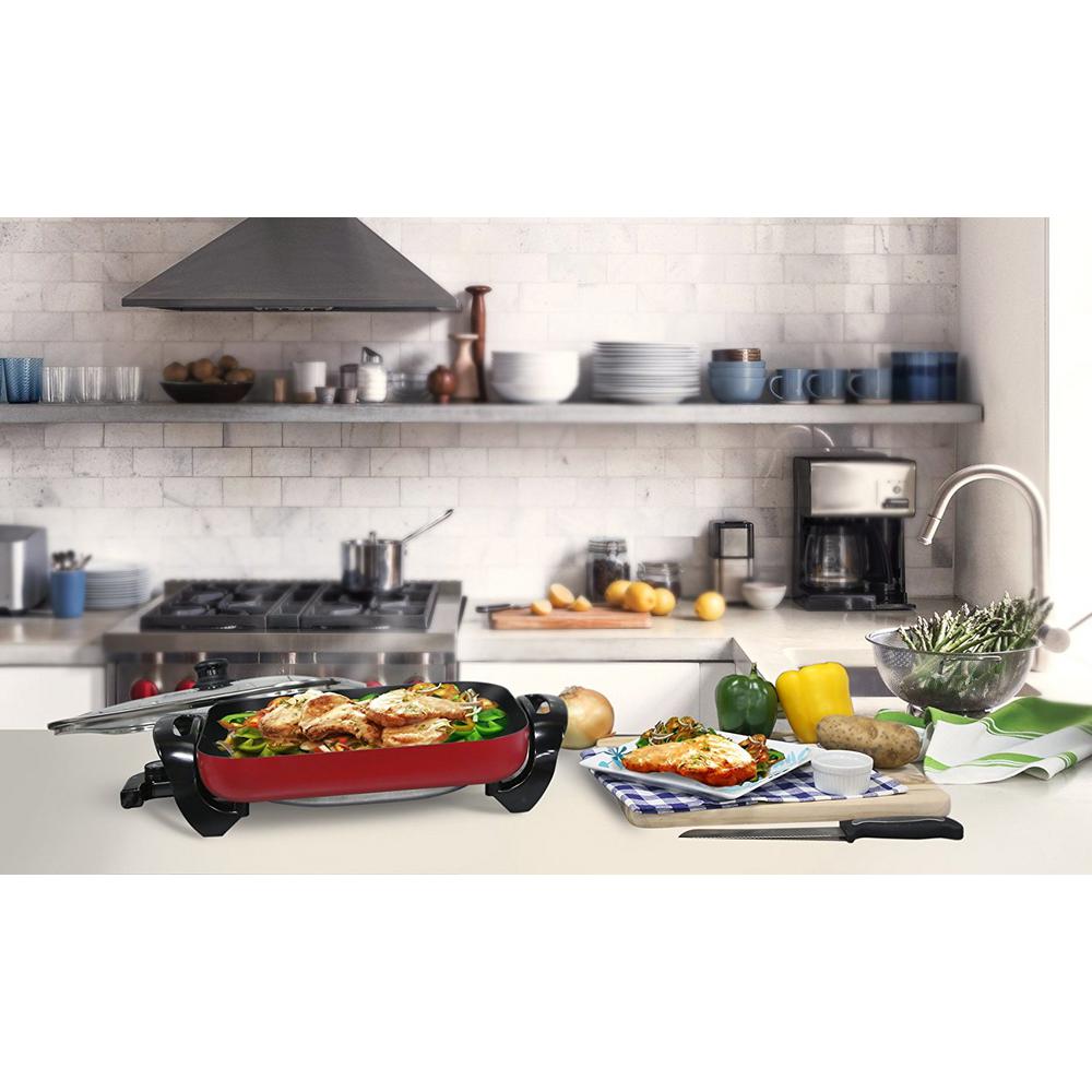 Elite 15 in. Electric Skillet with Glass Lid in Red EG1500R The Home