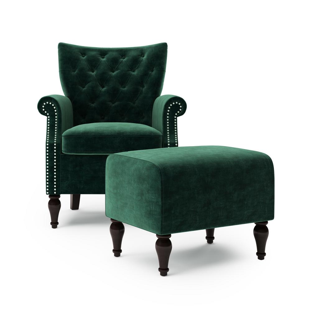 handy living margaux button in emerald green velvet tufted rolled arm chair  and ottoman seta153126  the home depot