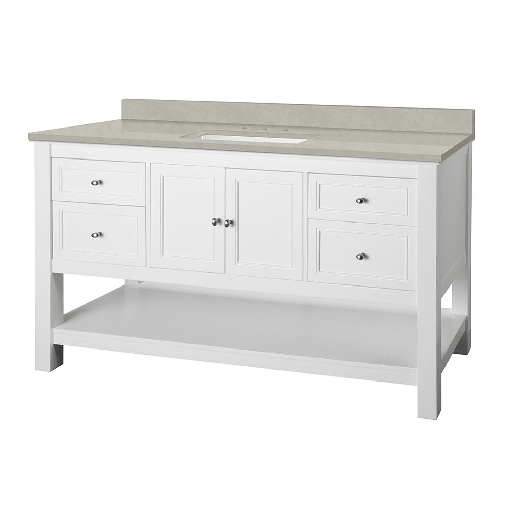Home Decorators Collection Gazette 61 in. W x 22 in. D Vanity Cabinet in White with Engineered Marble Vanity Top in Dunescape with White Sink was $1299.0 now $909.3 (30.0% off)