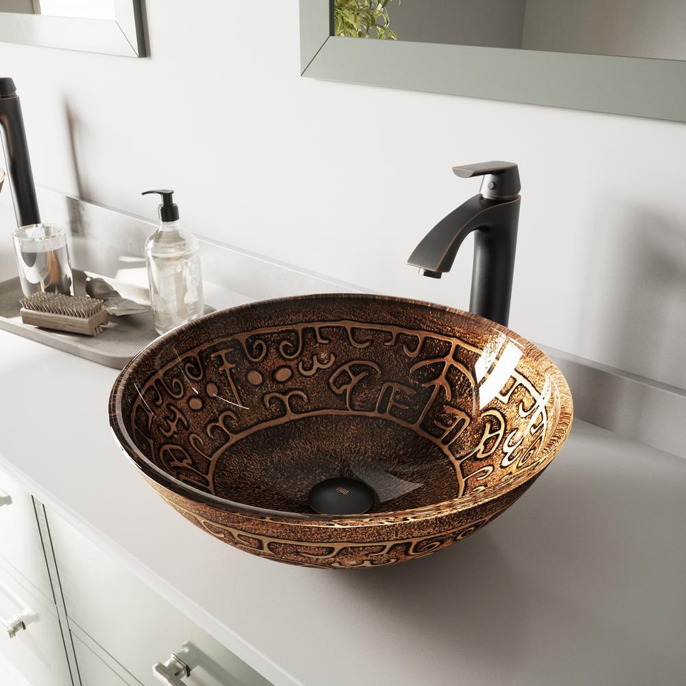 Vigo Glass Vessel Sink In Golden Greek And Linus Faucet Set Antique Rubbed Bronze
