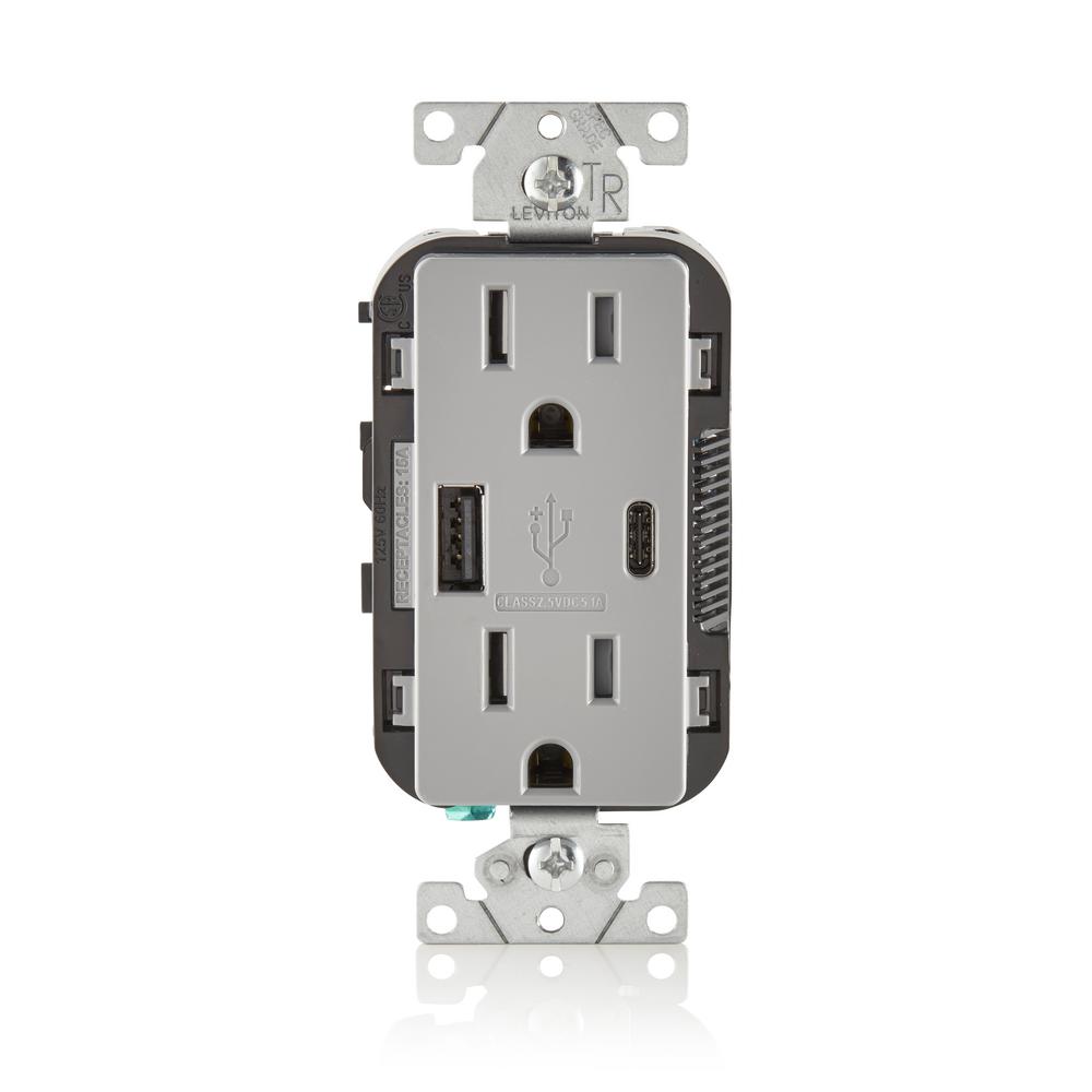 Leviton 15 Amp Decora Type A and C USB Charger Tamper-Resistant Outlet, Gray-T5633-GY - The Home ...
