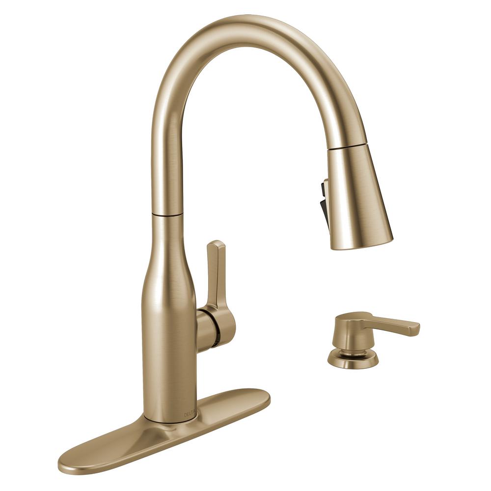 Delta Marca Single Handle Pull Down Sprayer Kitchen Faucet With Shieldspray Technology In Champagne Bronze 19780z Czsd Dst The Home Depot