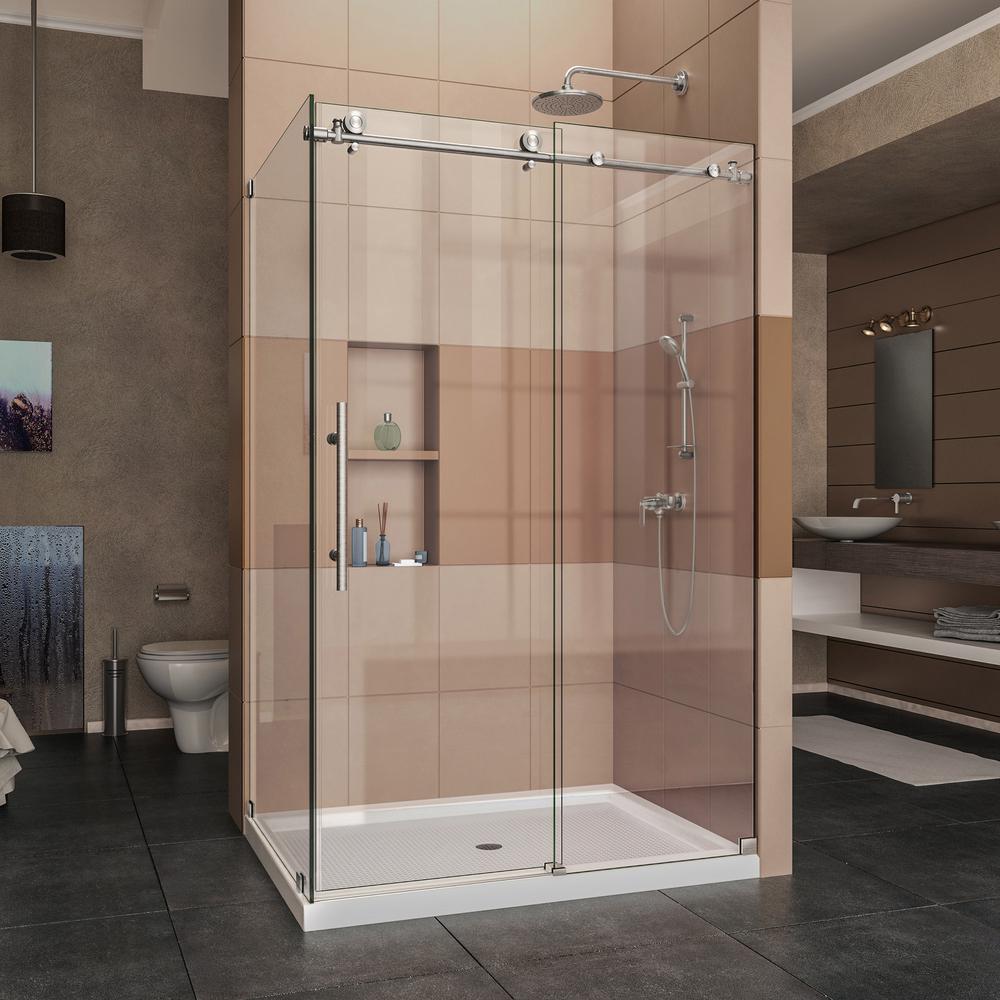 Enigma X 32 1 2 In D X 48 3 8 In W X 76 In H Frameless Corner Sliding Shower Enclosure In Brushed Stainless Steel