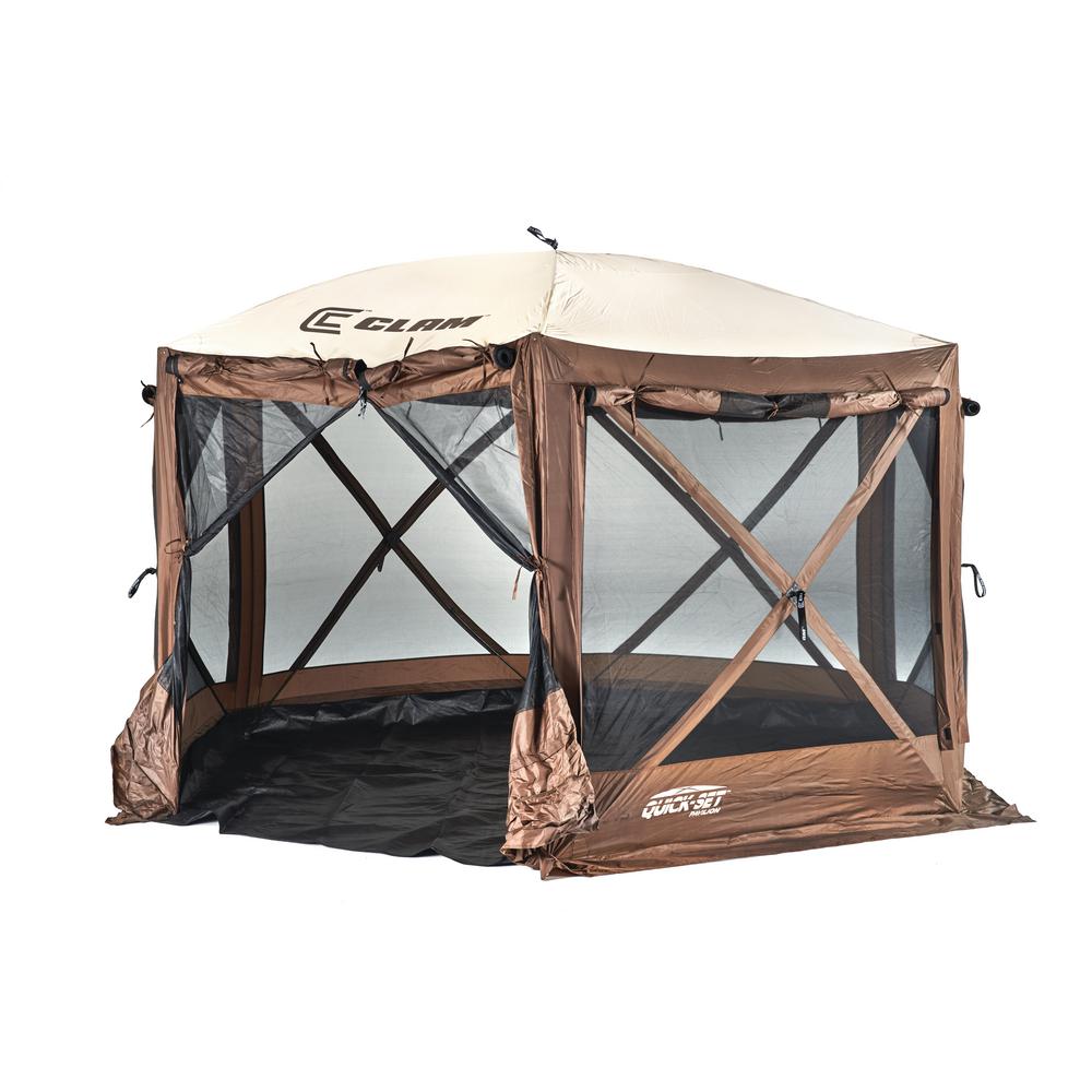 Clam Quickset Pavilion Brown Tan Roof Camper Screen Shelter Zip Down Sides And Floor