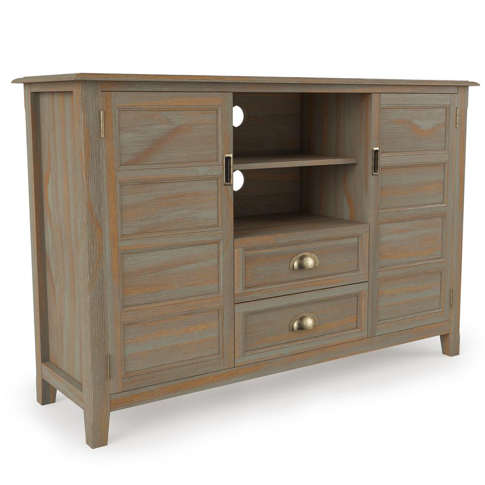 Simpli Home 54 In Burlington Solid Wood Wide Tv Media Stand Burlington Solid Wood Wide Tv Media Stand In Distressed Grey For Tvs Up To 60