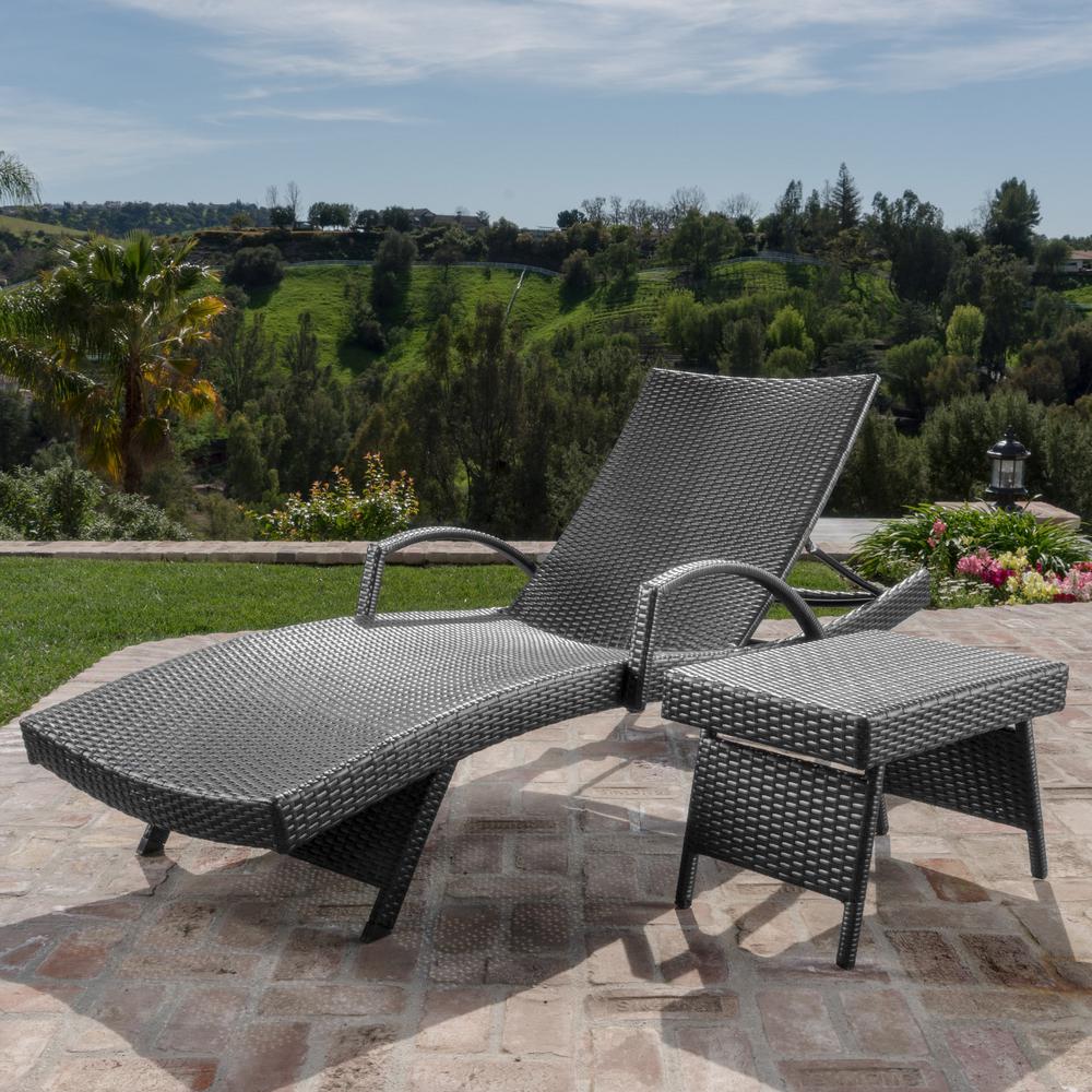 Noble House Miller Grey Armed 2Piece Wicker Outdoor Chaise Lounge and