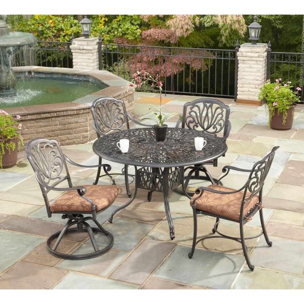 Home Styles Floral Blossom 42 in. Round 5Piece Patio Dining Set with Burnt Sierra Leaf Cushions 