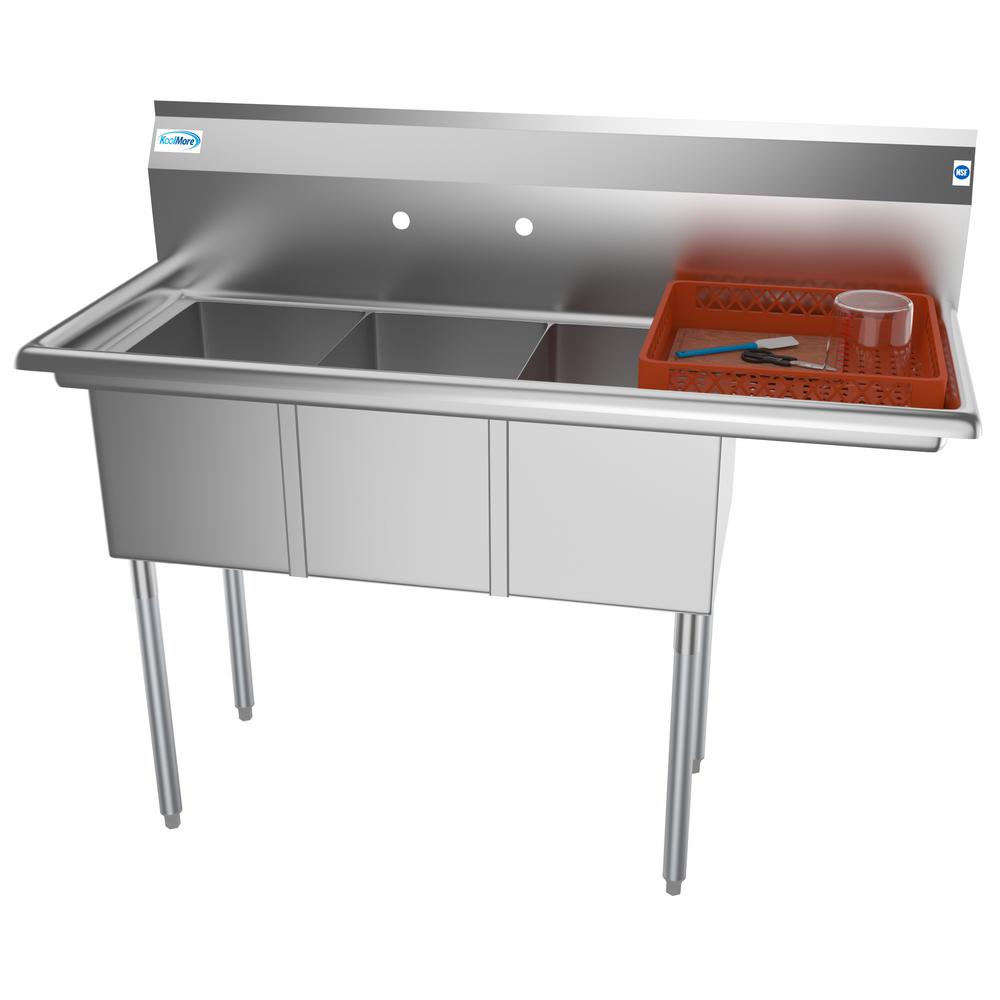 Koolmore Freestanding Stainless Steel 51 In 2 Hole Triple Bowl Commercial Kitchen Sink Right Drainboard