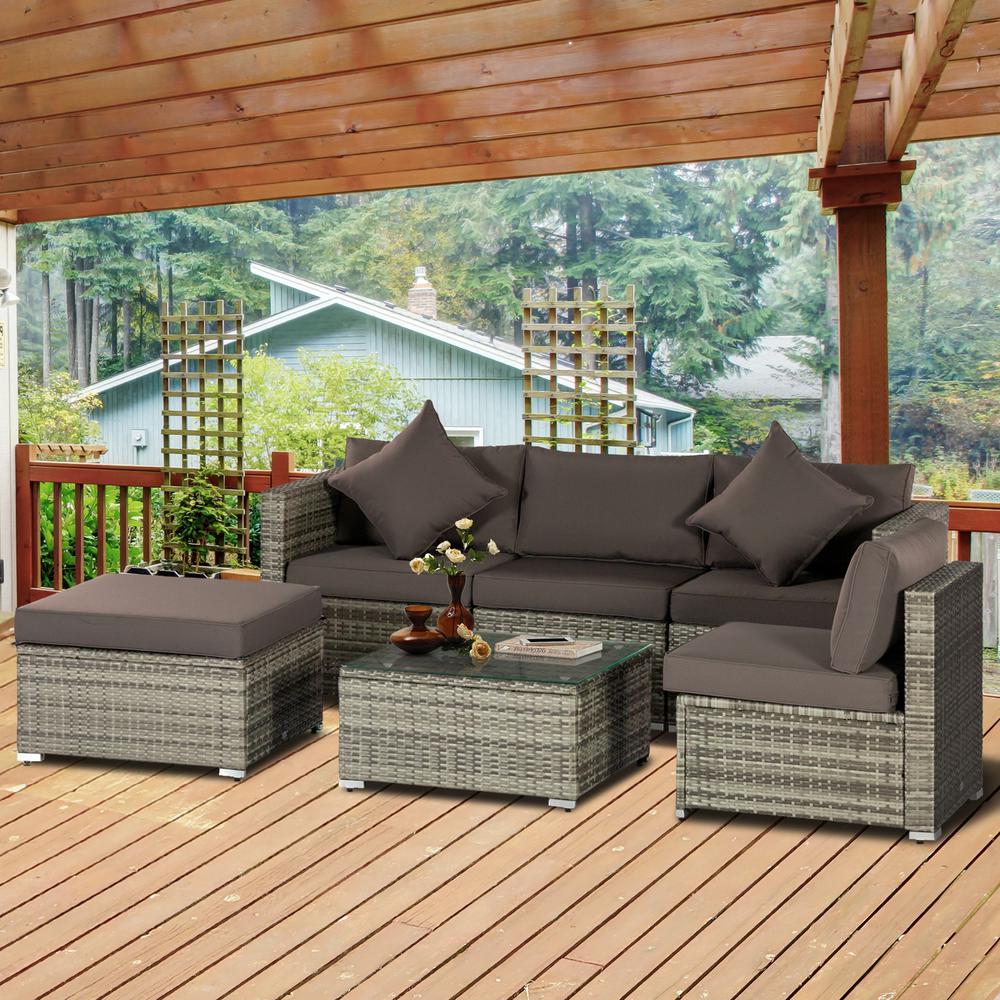 Outsunny Grey 5-Piece Plastic Wicker Rattan Patio Conversation Set with ...