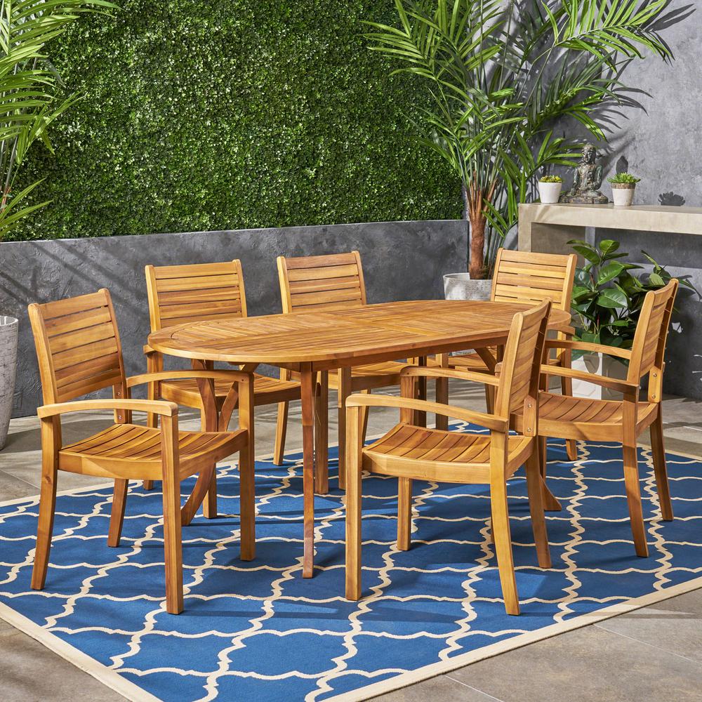 Le House Holloway Teak Brown 7 Piece Wood Outdoor Dining Set