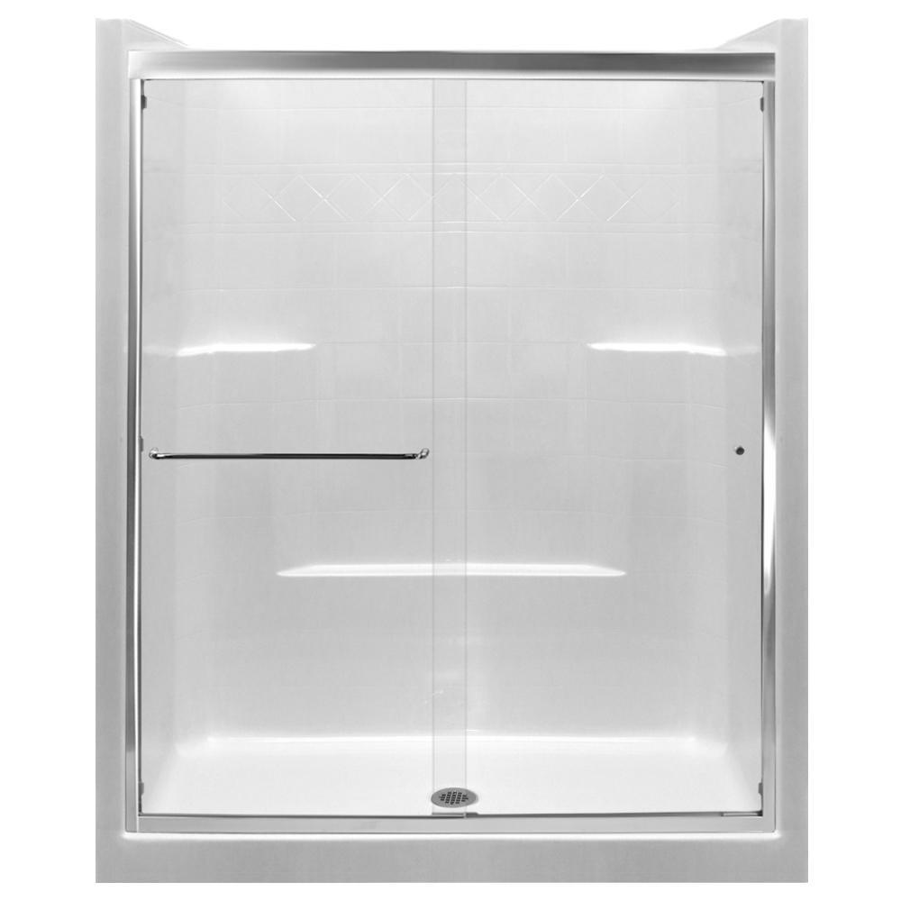 Ella Standard 60 In X 33 77 Center Drain Alcove 1 Piece Shower Stall White With Chrome Sliding Door