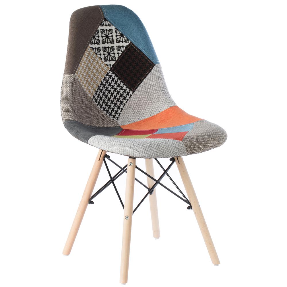 Bold Tones Mid Century Modern Upholstered Plastic Multicolor Fabric Patchwork Dsw Shell Dining Chair With Wooden Dowel Eiffel Legs Qi003747 The Home Depot