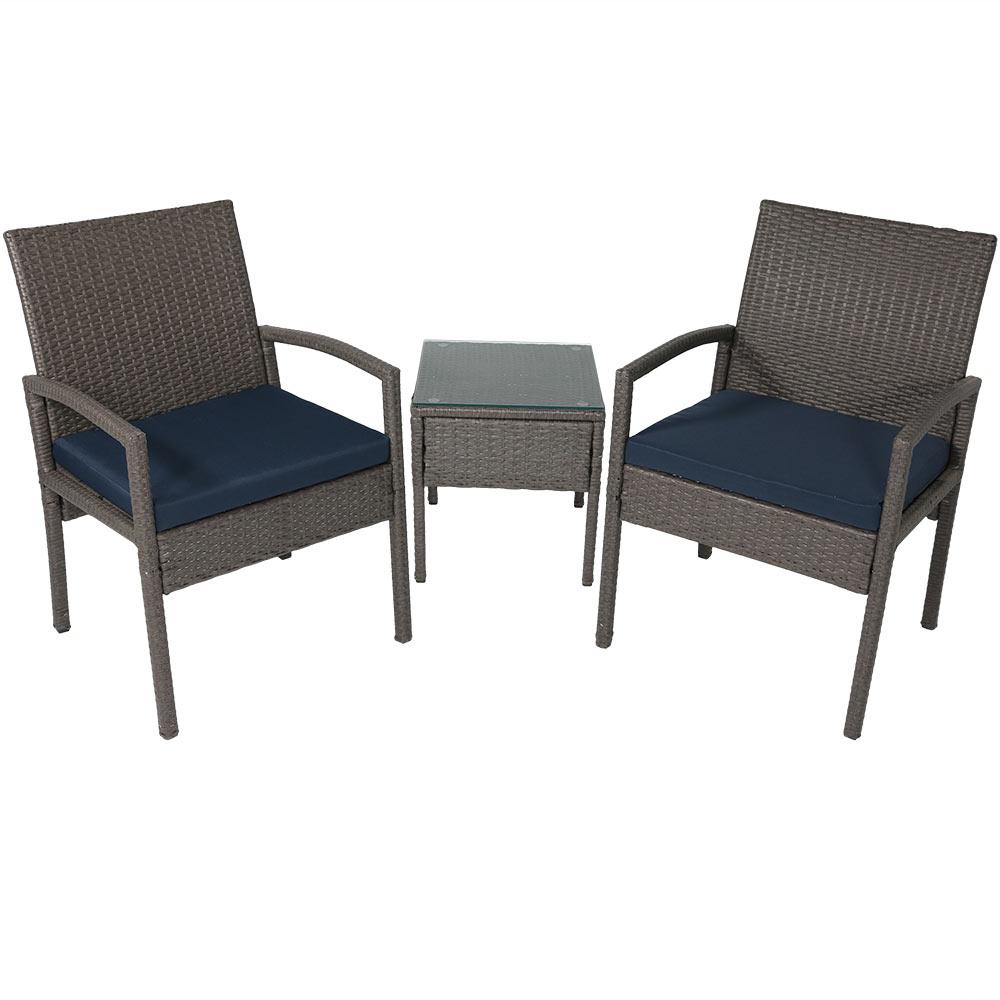 Sunnydaze Decor Rattan Bita 3 Piece Wicker Patio Conversation Set With Dark Blue Cushions