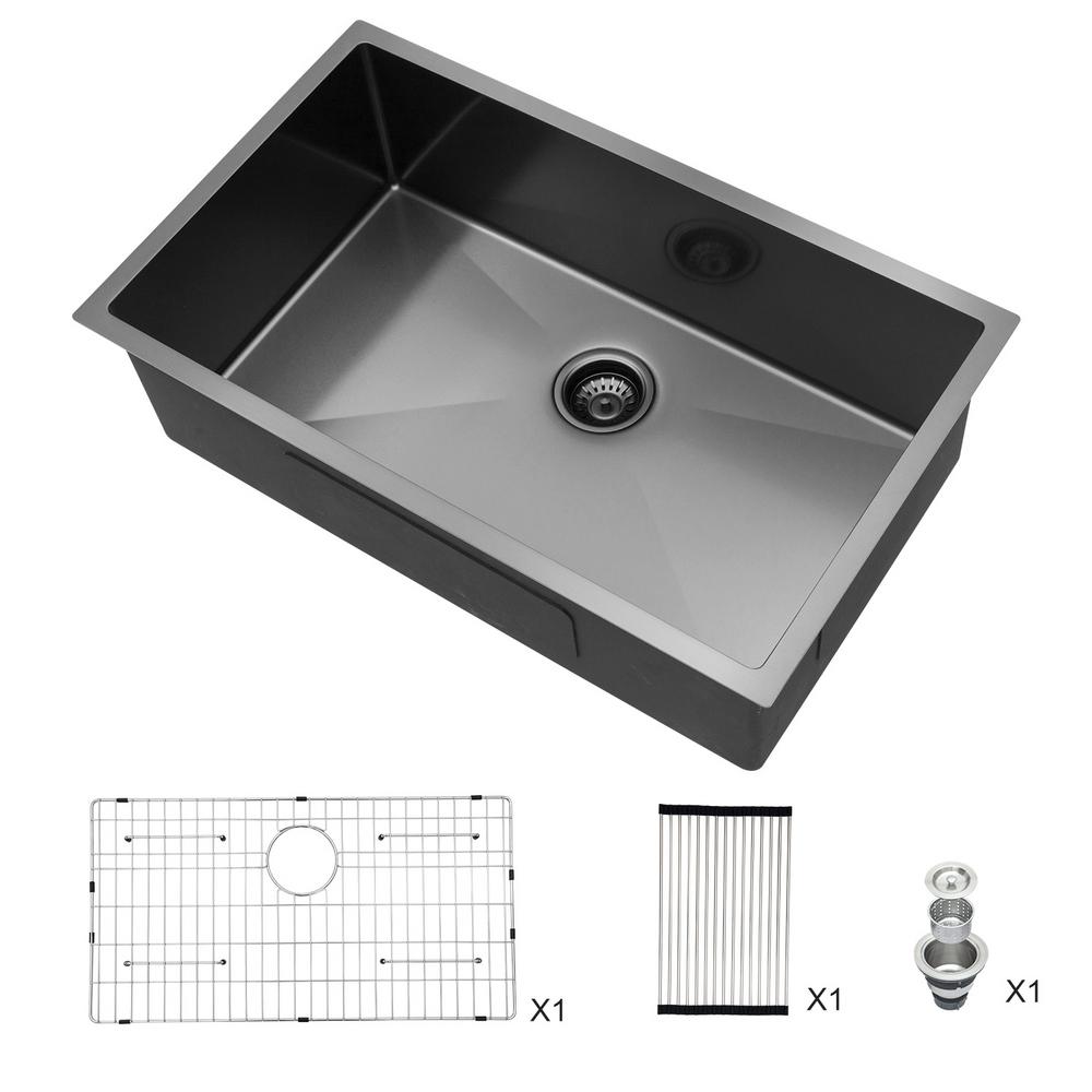 Aurora Decor Matte Black Stainless Steel 30 in. Single Bowl Undermount Kitchen Sink Gunmetal