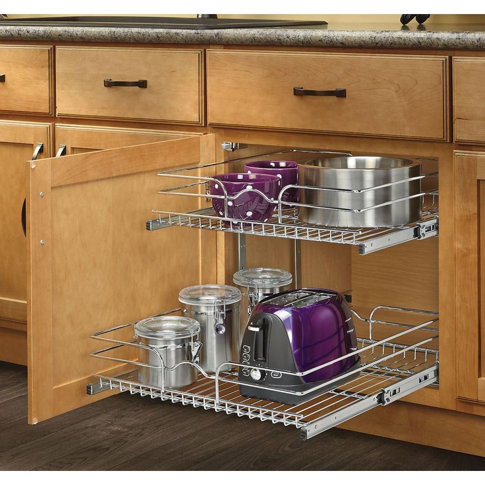 2 Tier Wire Basket Pull Out Chrome Shelves Shelf Sliding