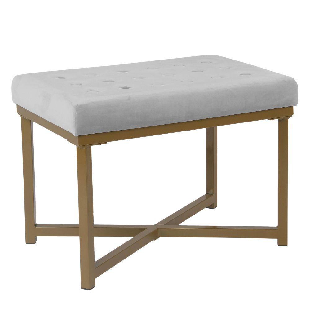 Benjara Light Gray and Gold Metal Framed Ottoman with Button Tufted
