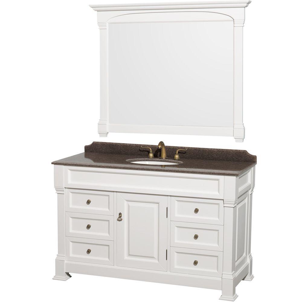 Wyndham Collection Andover 55 In W X 23 D Vanity White With D Vanity In White With Granite Top Imperial Brown Basin And 50 Mirror