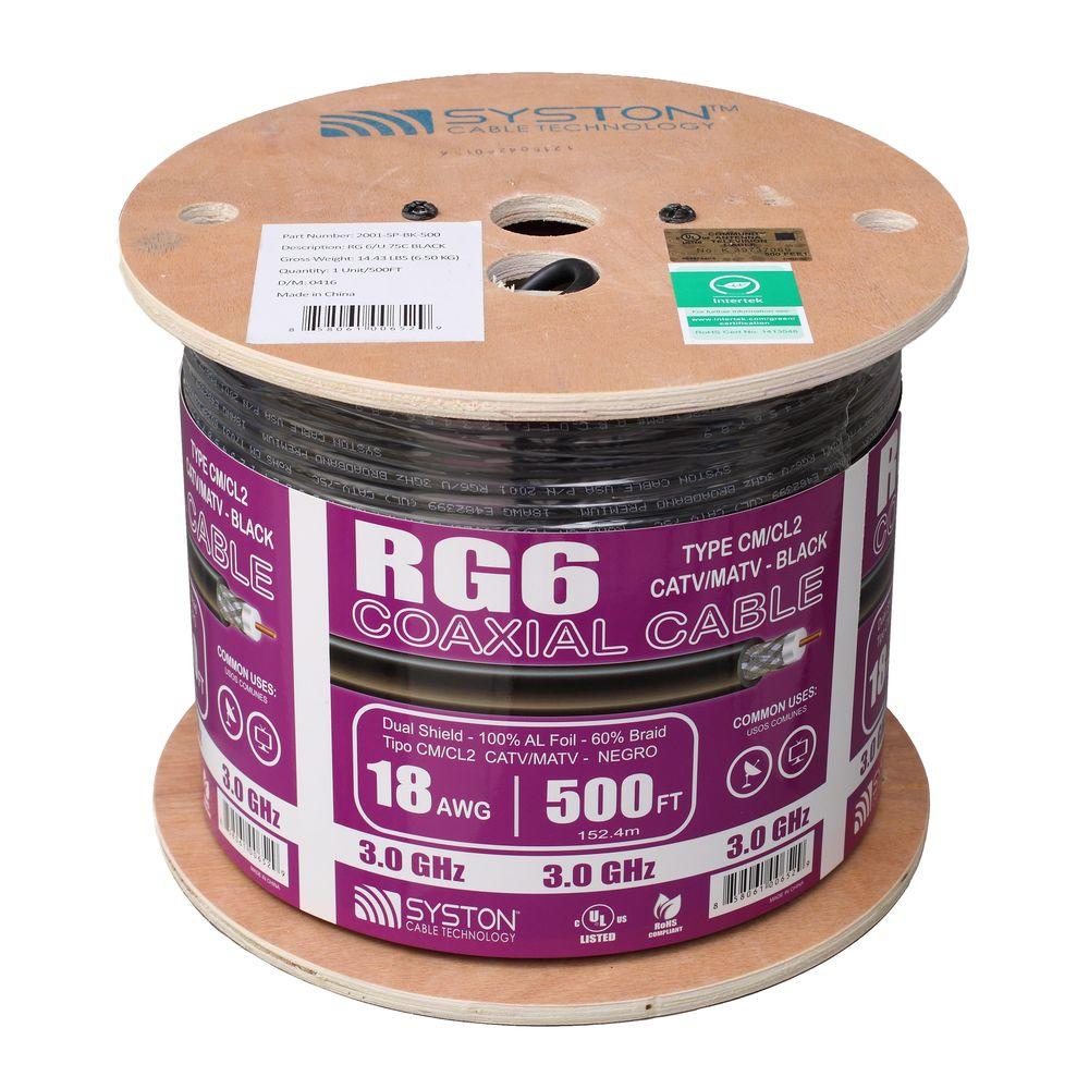 RG6 Dual Shield Black CM Coaxial Cable TV 500 ft Jacket Wire Indoor Outdoor