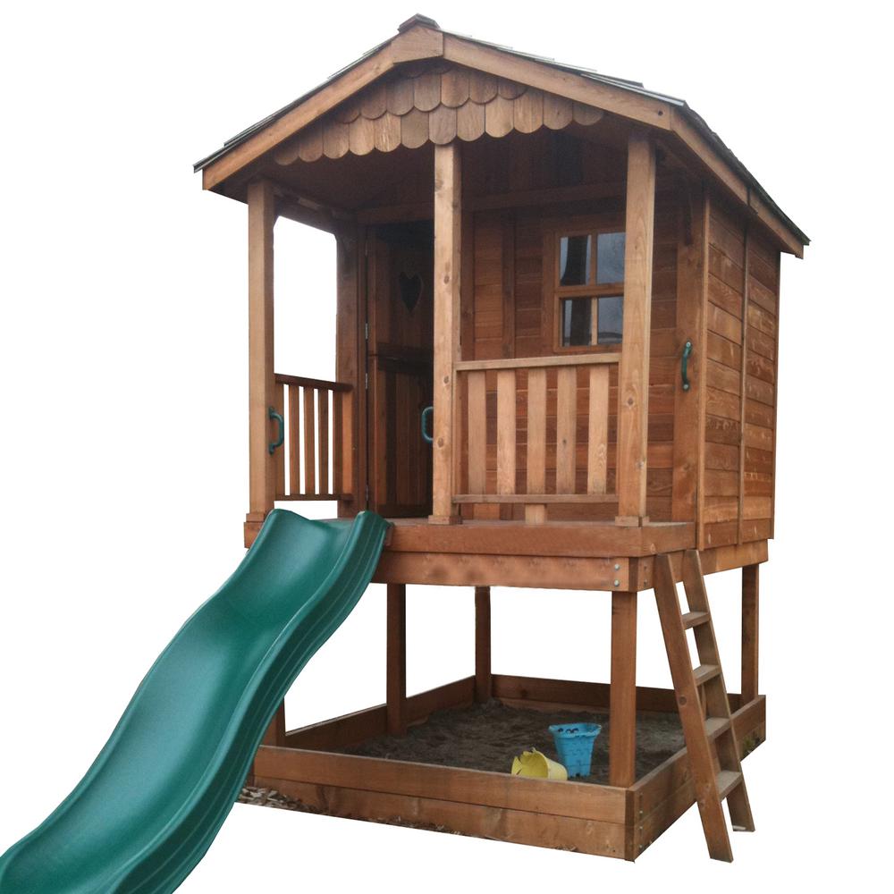 small outdoor playhouse with slide