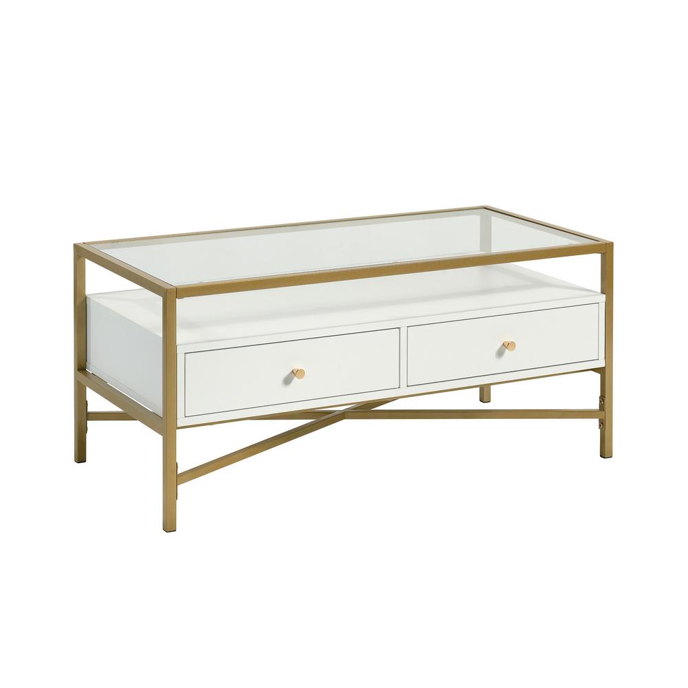 Sauder Harper 17 717 In H White 2 Drawer Coffee Table With Glass Top 427114 The Home Depot