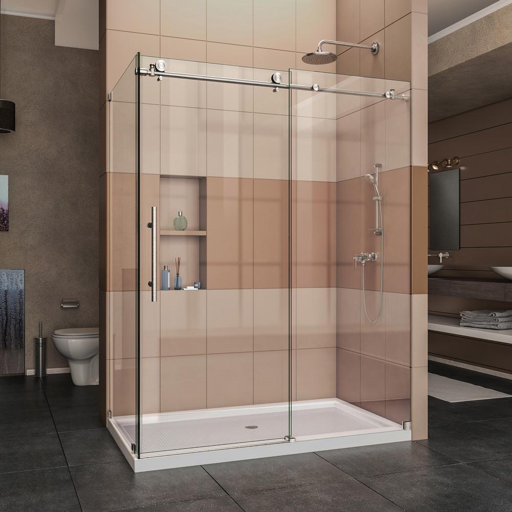 Enigma X 32 1 2 In D X 60 3 8 In W X 76 In H Frameless Corner Sliding Shower Enclosure In Brushed Stainless Steel