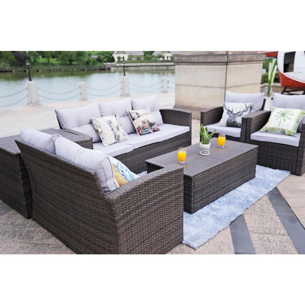 Direct Wicker Sunny Brown 6 Piece Patio Conversation Set With Gray Cushions And Storage Boxs Pas 1503 Br The Home Depot