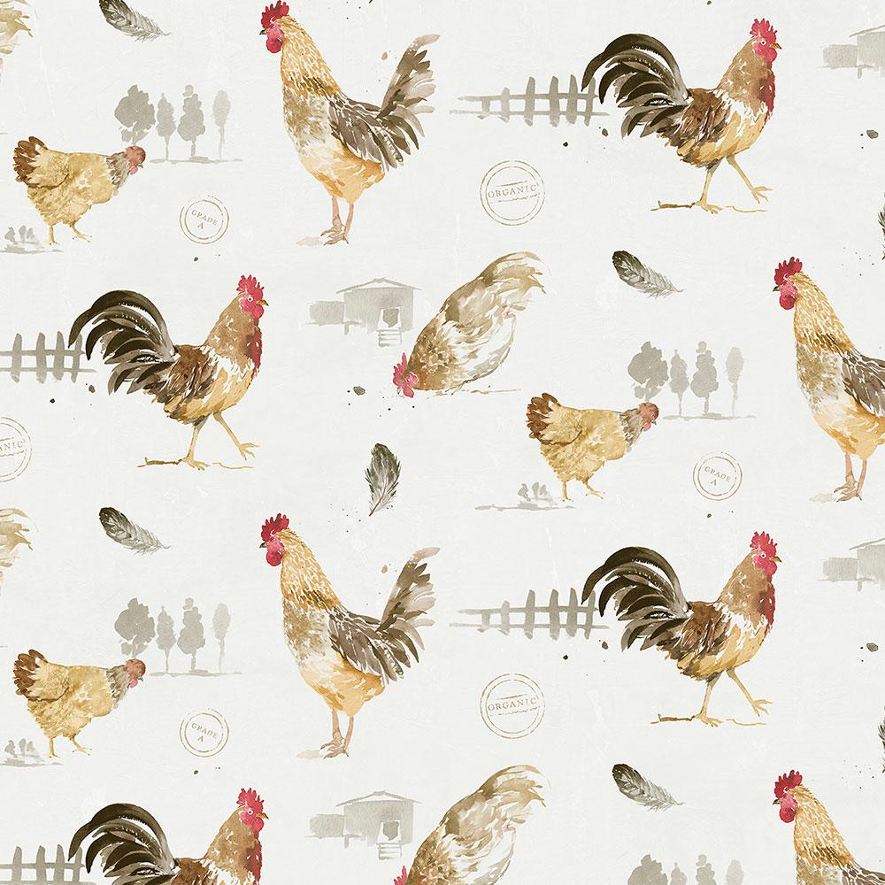 Chickens Wallpaper FK34433 country roosters red brown gold washable prepasted
