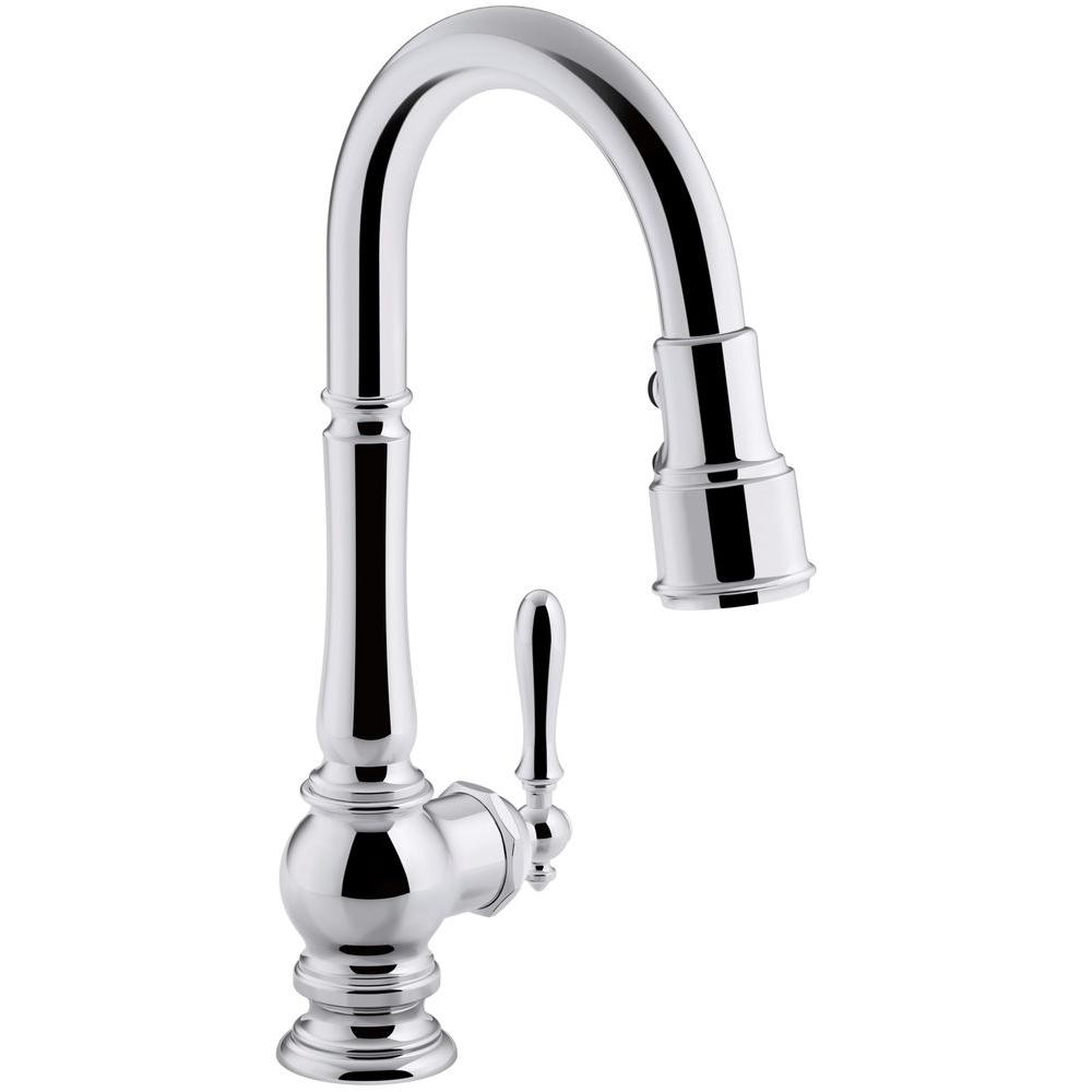 Kohler Artifacts Single Handle Pull Down Sprayer Kitchen Faucet In Polished Chrome K 99259 Cp The Home Depot