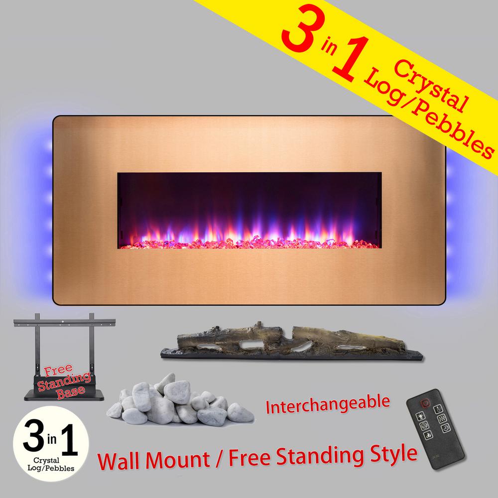 Flame Works With Or Without Heat Wall Mounted Electric Fireplaces Wall Mount Freestanding Convertible Electric Fireplace Heater In Gold W Pebbles
