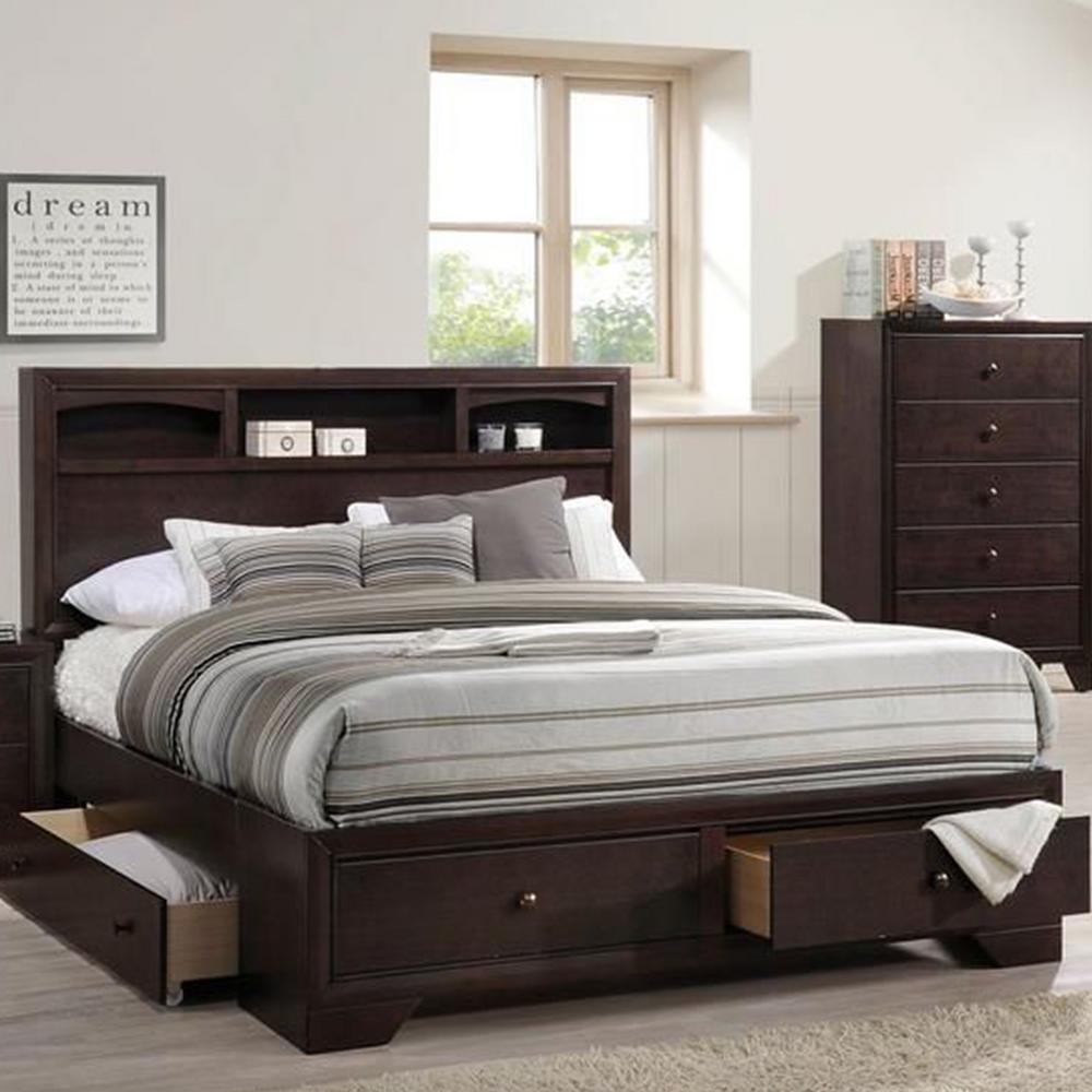 Homeroots Amelia Brown Rubber Wood King Bed With Bookcase Headboard 285859 The Home Depot