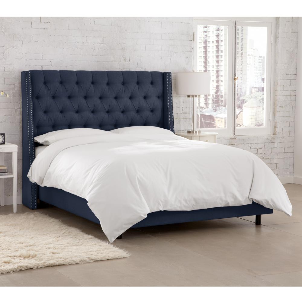 Linen Navy California King Nail Button Tufted Wingback Bed ...