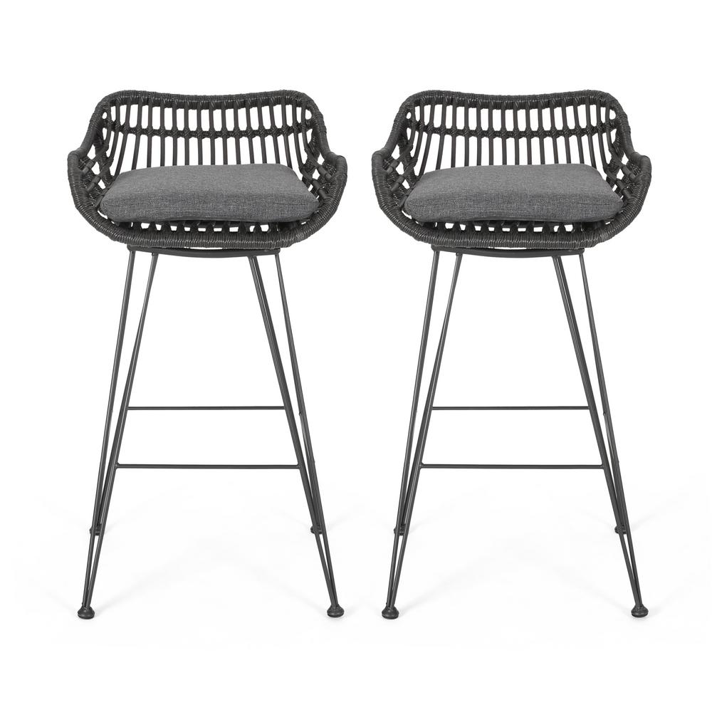 Noble House Dale Grey Metal Outdoor Bar Stool with Dark Grey Cushions (2-Pack)-68432 - The Home 