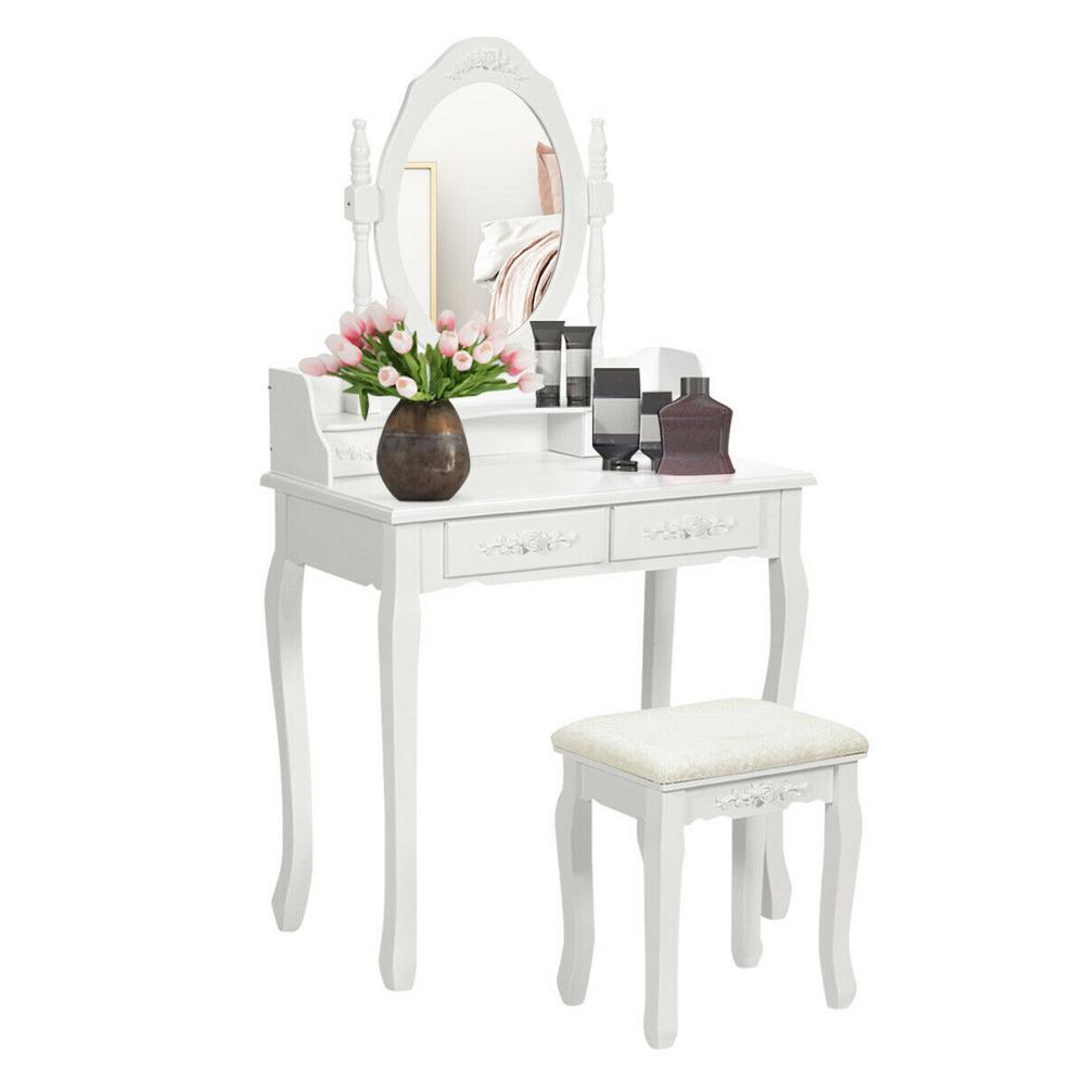 Costway 3-Piece White Living Room Set Vanity Wood Makeup Dressing Table ...