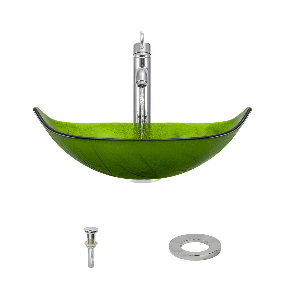 Mr Direct Glass Vessel Sink In Green Leaf With 718 Faucet And Pop Up Drain In Chrome