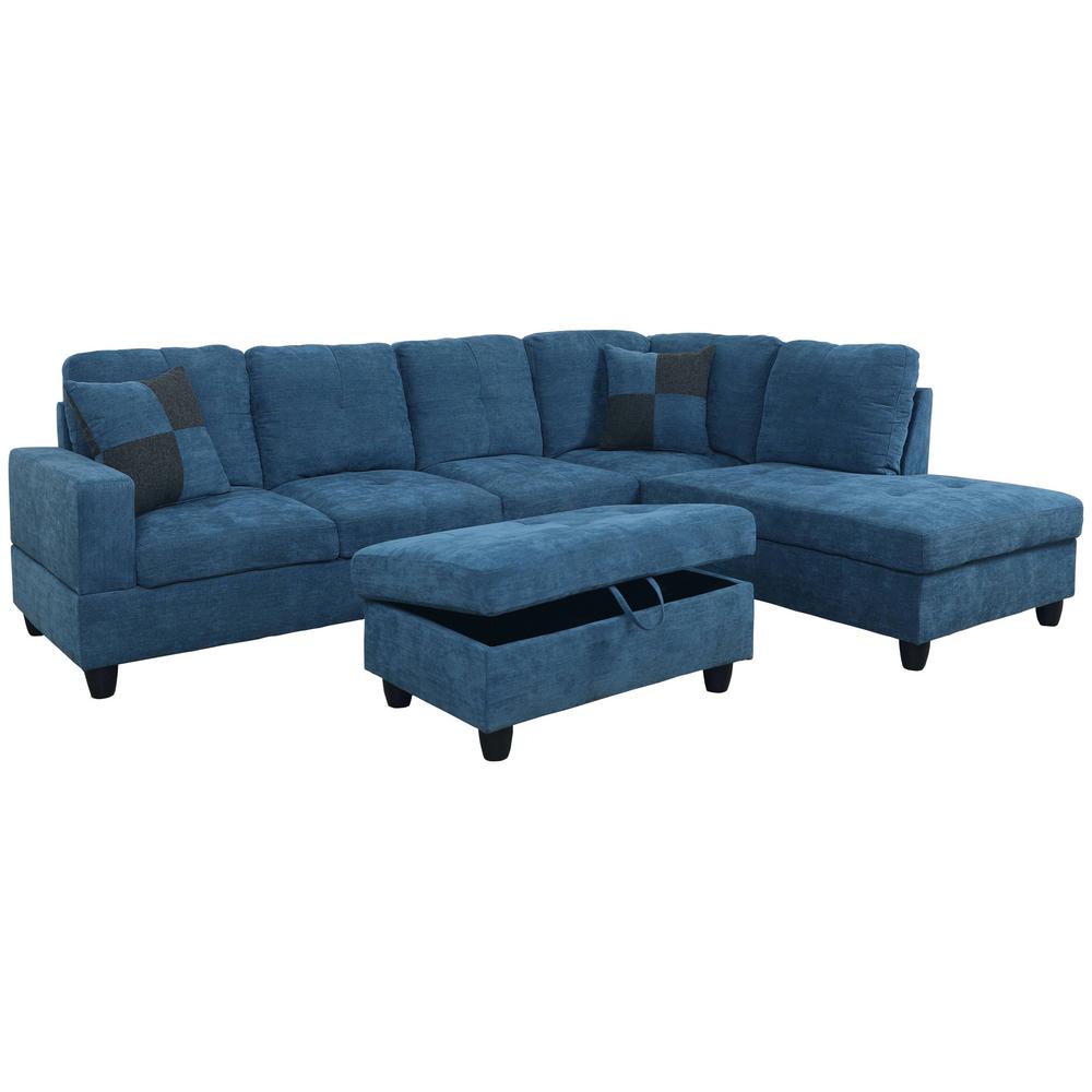 Blue Microfiber Left Chaise Sectional With Storage Ottoman