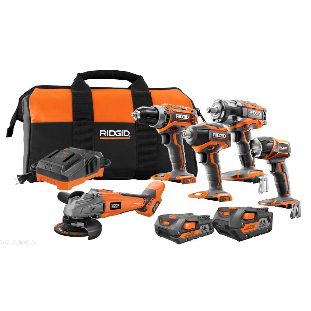 RIDGID 18-Volt Lithium-Ion Brushless Cordless 5-Tool Combo Kit with (1