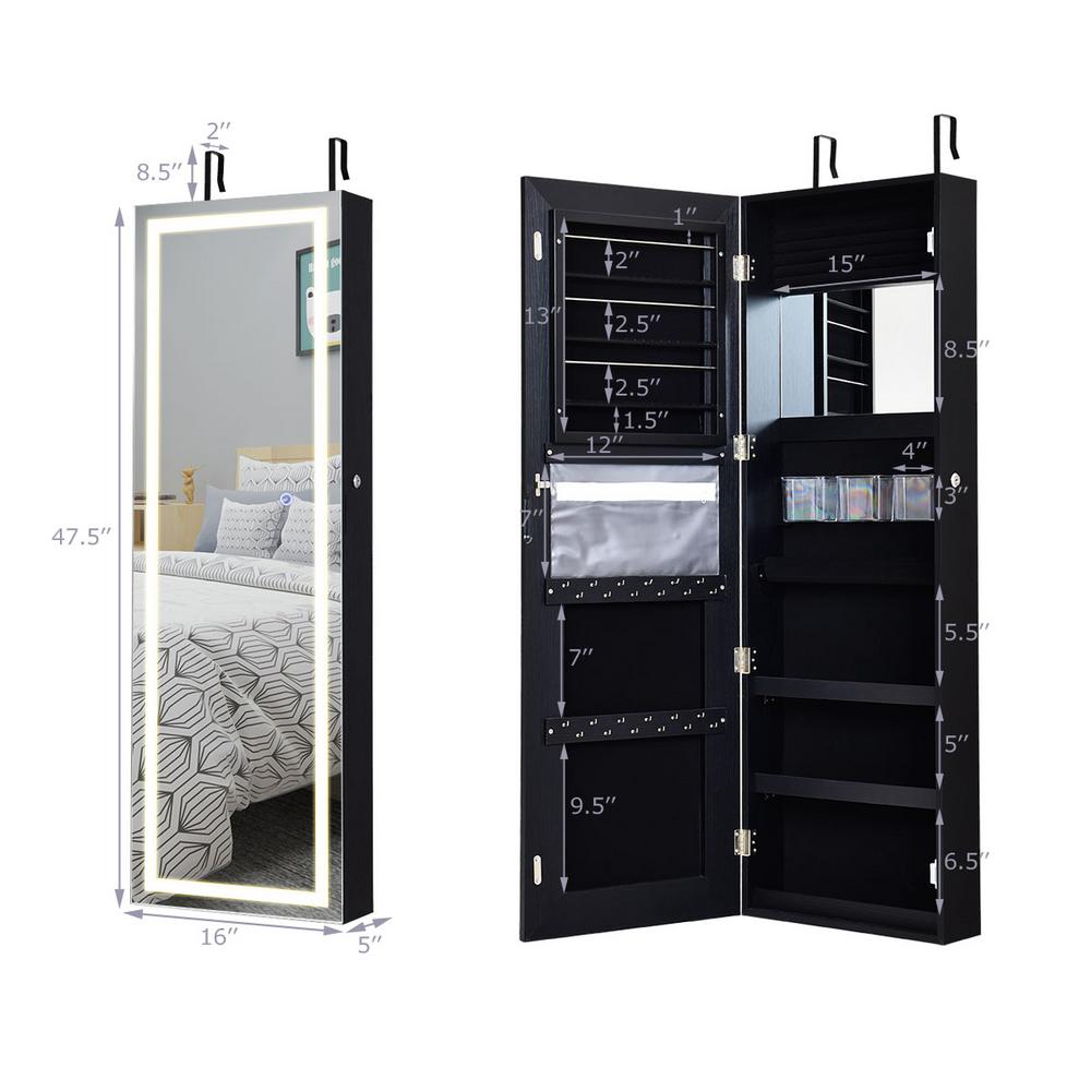 Costway Door Wall Mount Touch Screen Led Light Mirrored Jewelry Box Cabinet Storage Lockable Hwbk The Home Depot