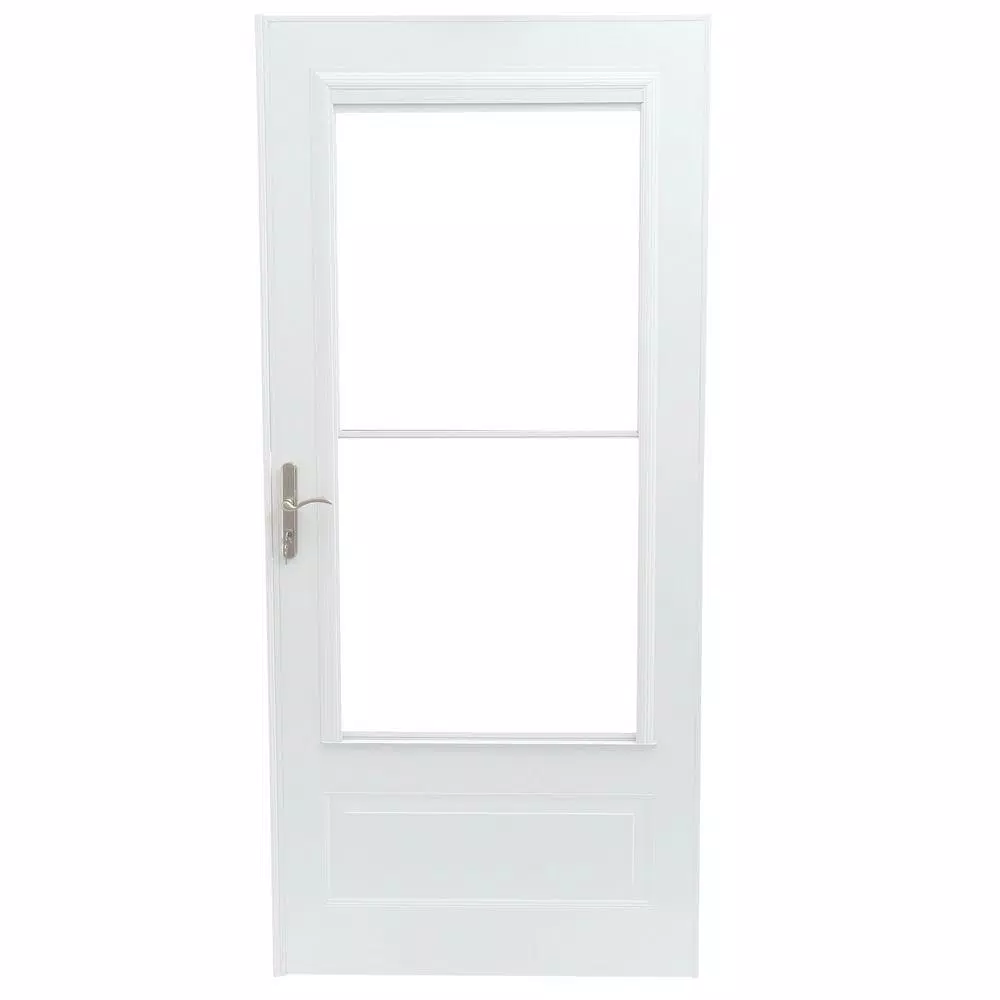 EMCO 36 In. X 80 In. 400 Series White Universal Self-Storing Aluminum Storm Door With Nickel ...