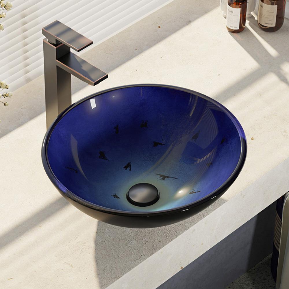 Us Blue Bathroom Oval Tempered Glass Vessel Sink Black Faucet