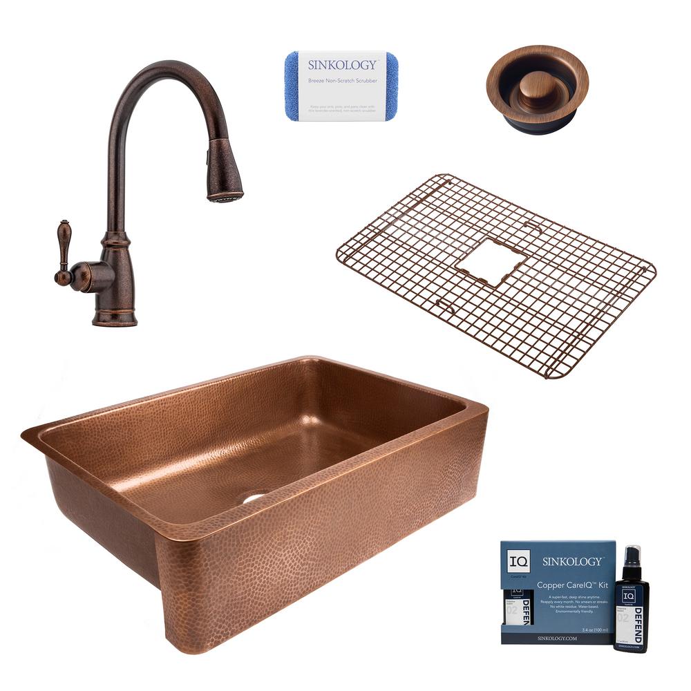 SINKOLOGY Lange All In One Farmhouse Copper Sink 32 In Single Bowl Kitchen Sink With Pfister Faucet And Disposal Drain In Bronze SEK307 F529 D The Home Depot