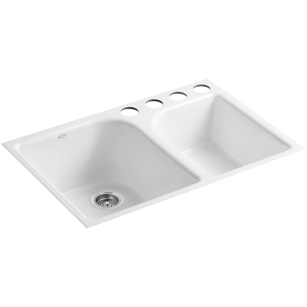KOHLER Executive Chef Undermount Cast Iron 33 in. 4Hole Double Basin Kitchen Sink in WhiteK