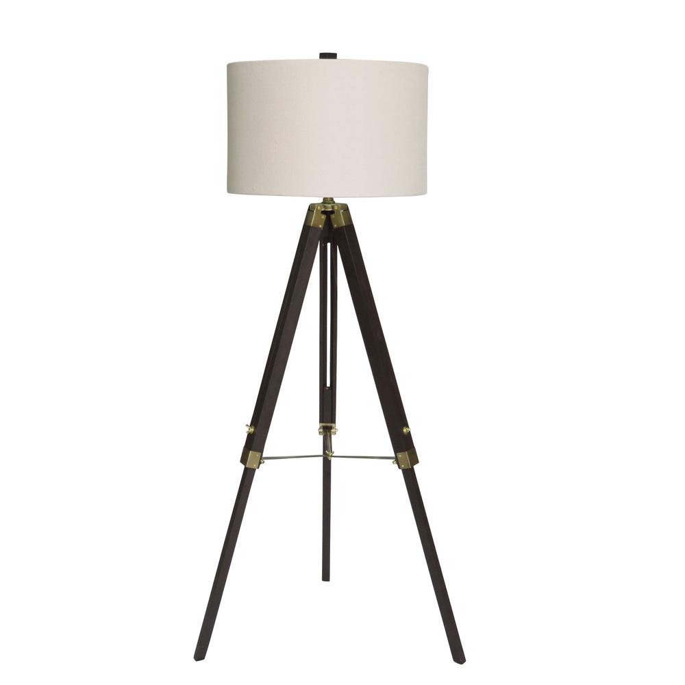 Fangio Lighting 60 In Classic Structured Tripod Weathered Espresso Wood And Antique Brass Metal Floor Lamp