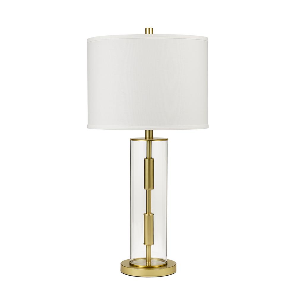 Cresswell 30 in. Clear Glass and Brass Contemporary Cylinder Table Lamp ...