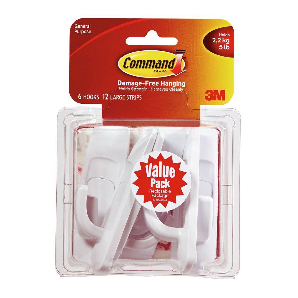 Command Large White Utility Hook Value Pack (6 Hooks, 12 Strips