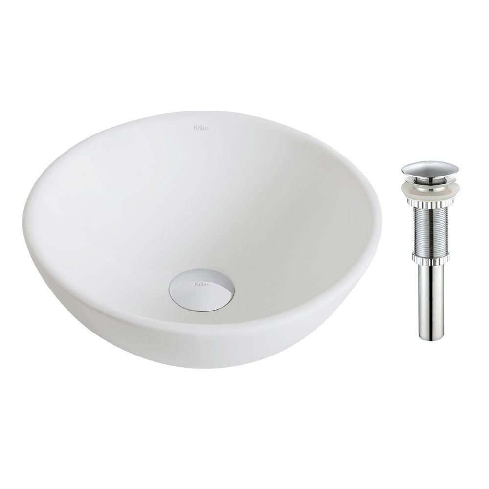 Kraus Elavo Small Round Ceramic Vessel Bathroom Sink In White With Pop Up Drain In Chrome