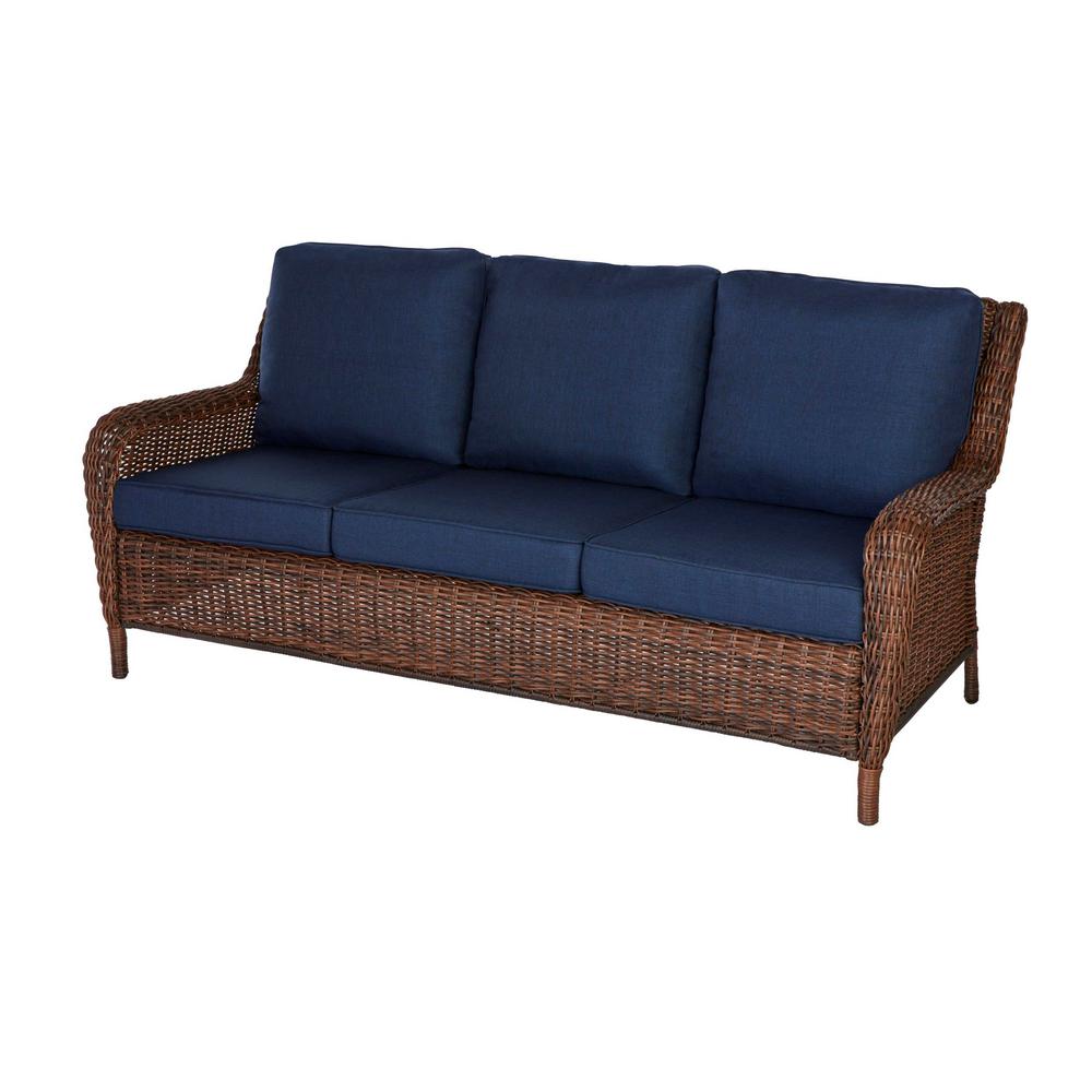 Hampton Bay Cambridge Brown Wicker Outdoor Patio Sofa With Cushionguard Midnight Navy Blue Cushions 65 17148bs The Home Depot